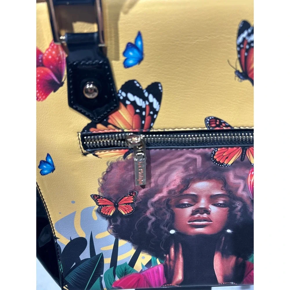 La Philipe Miami Butterfly Graphic Satchel Handbag Yellow Black Studded NWT